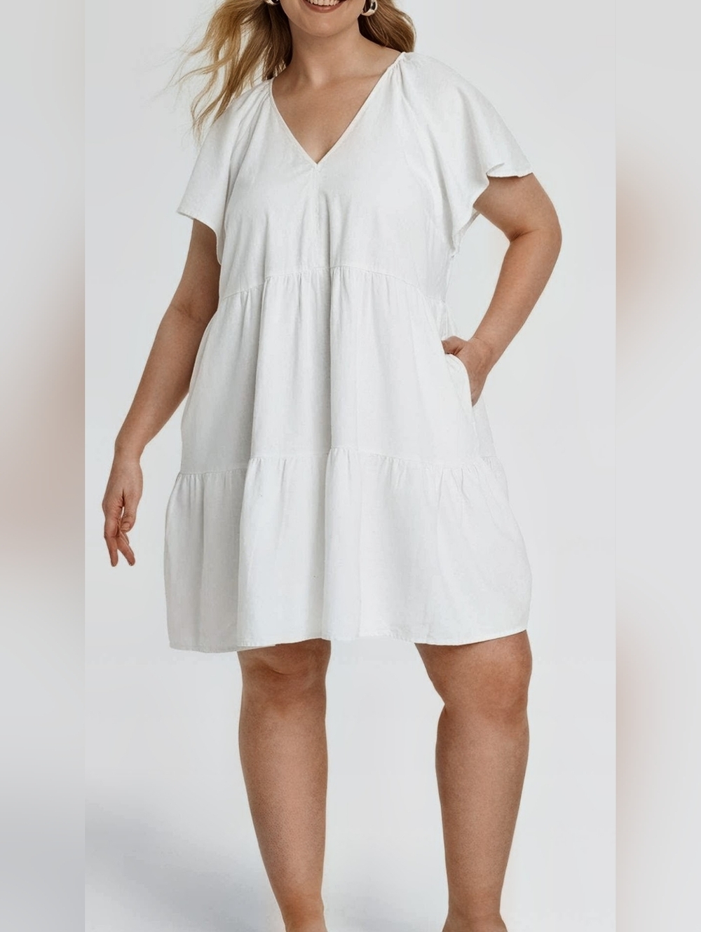 Universal Thread White V-Neck Baby Doll Dress With Hip Pockets. Size XXL. Linen